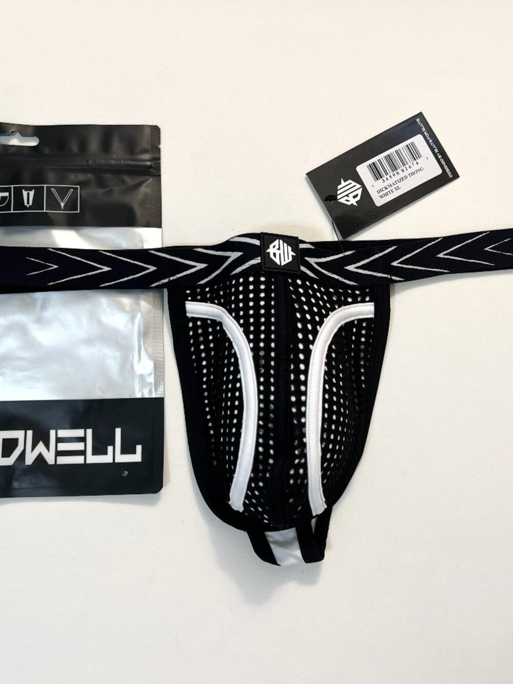 BREEDWELL Size "XL" Dickmatized Nylon Blend T-Back Thong - Black/White